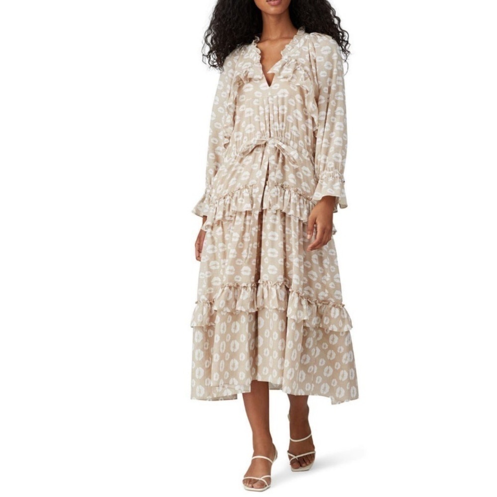 HOFMANN COPENHAGEN Bernice Lip Kiss Print Ruffle Midi Dress